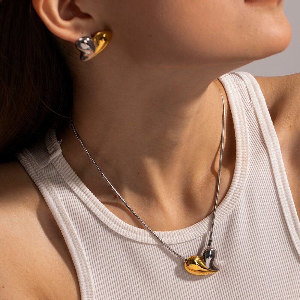 3/$35 Two Tone 18K Gold Plated Pendant Heart Silver Chain Necklace Steel